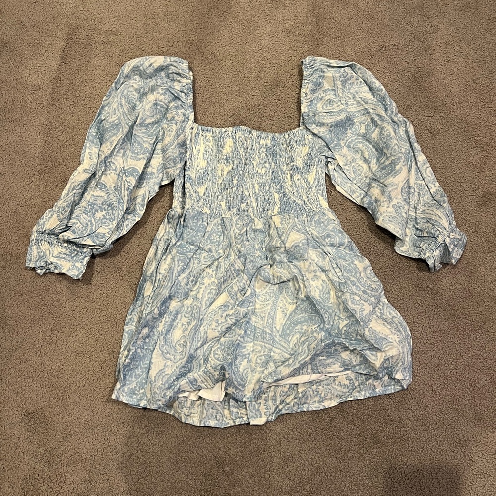 Faithfully the Brand Blue and White Paisley Long Sleeve Dress
